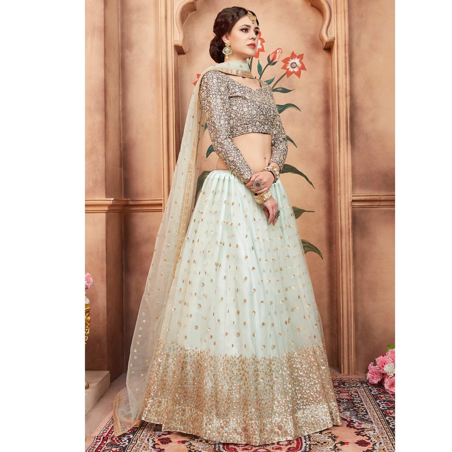 Sky Blue Festive Wear Sequins Thread Work Soft Net Lehenga Choli