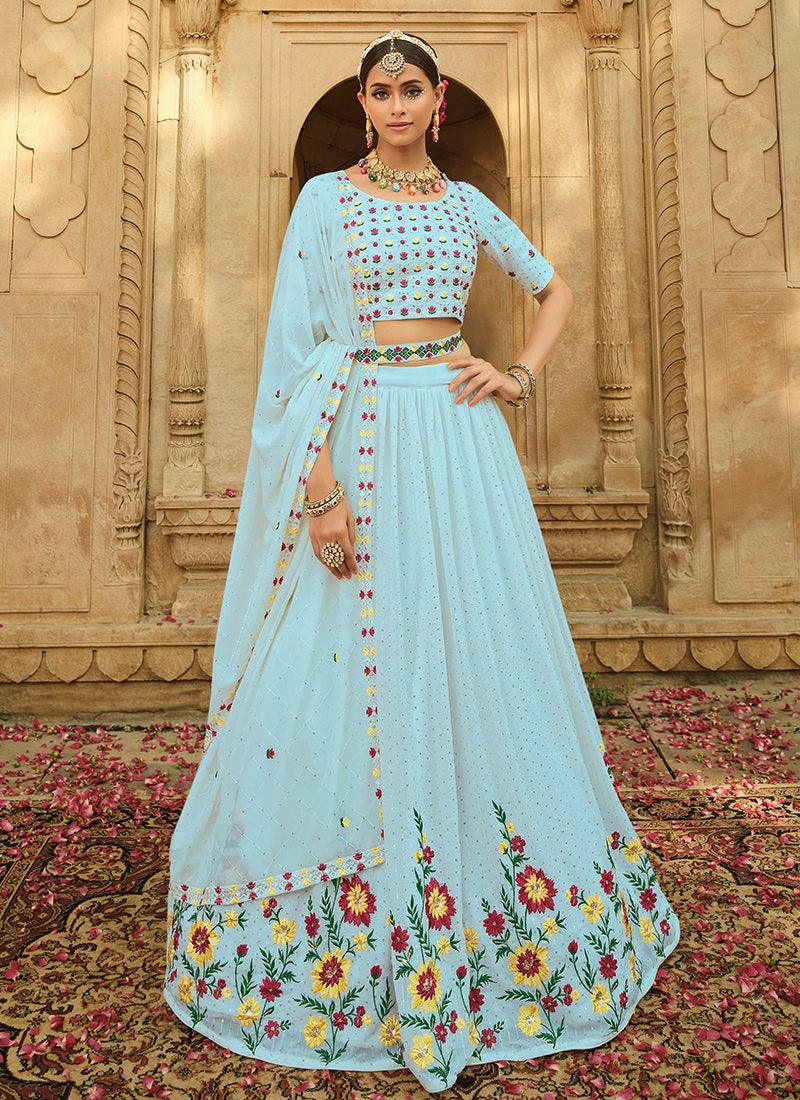 Sky Blue Floral Embroidered Lehenga