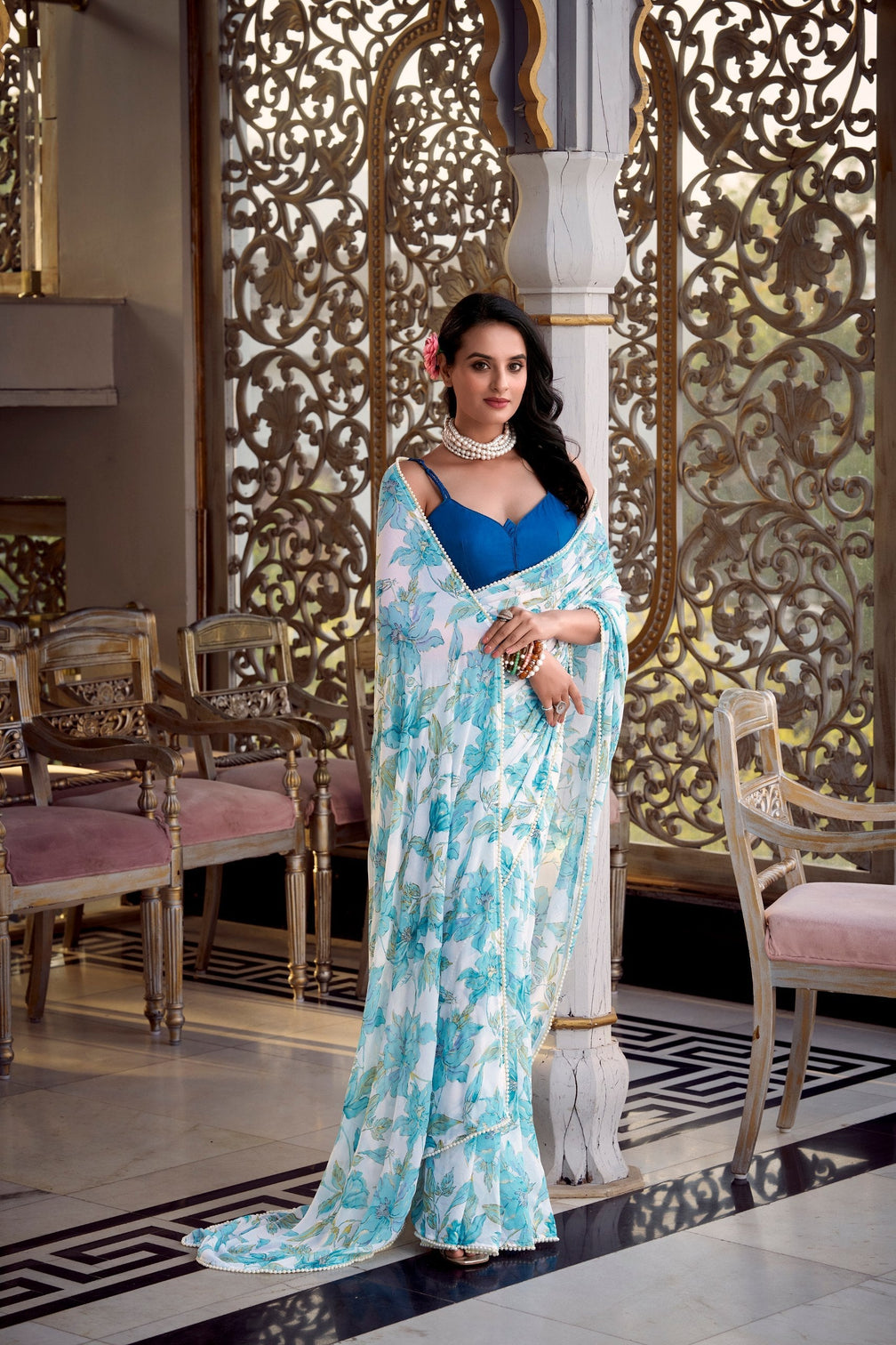 Sky Blue Floral Print Weightless Marble Saree with Pearl Lace Border & Moonga Silk Blouse