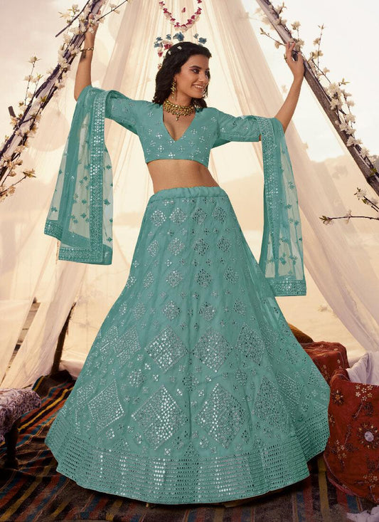 Sky Blue Foil Mirror Resham Lehenga Choli Set