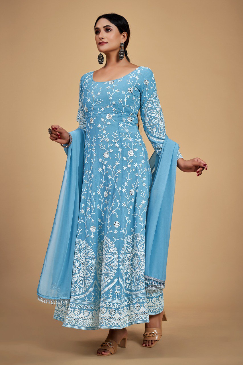 Sky Blue Georgette Dori & Sequins Embroidered Gown Set with Pant & Tassel Dupatta