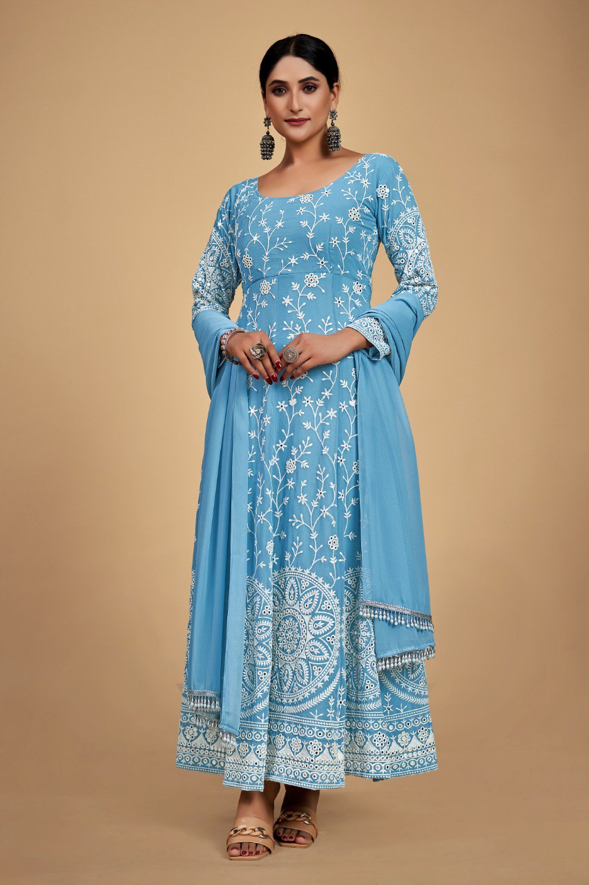 Sky Blue Georgette Dori & Sequins Embroidered Gown Set with Pant & Tassel Dupatta