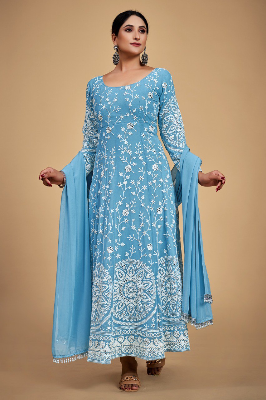 Sky Blue Georgette Dori & Sequins Embroidered Gown Set with Pant & Tassel Dupatta