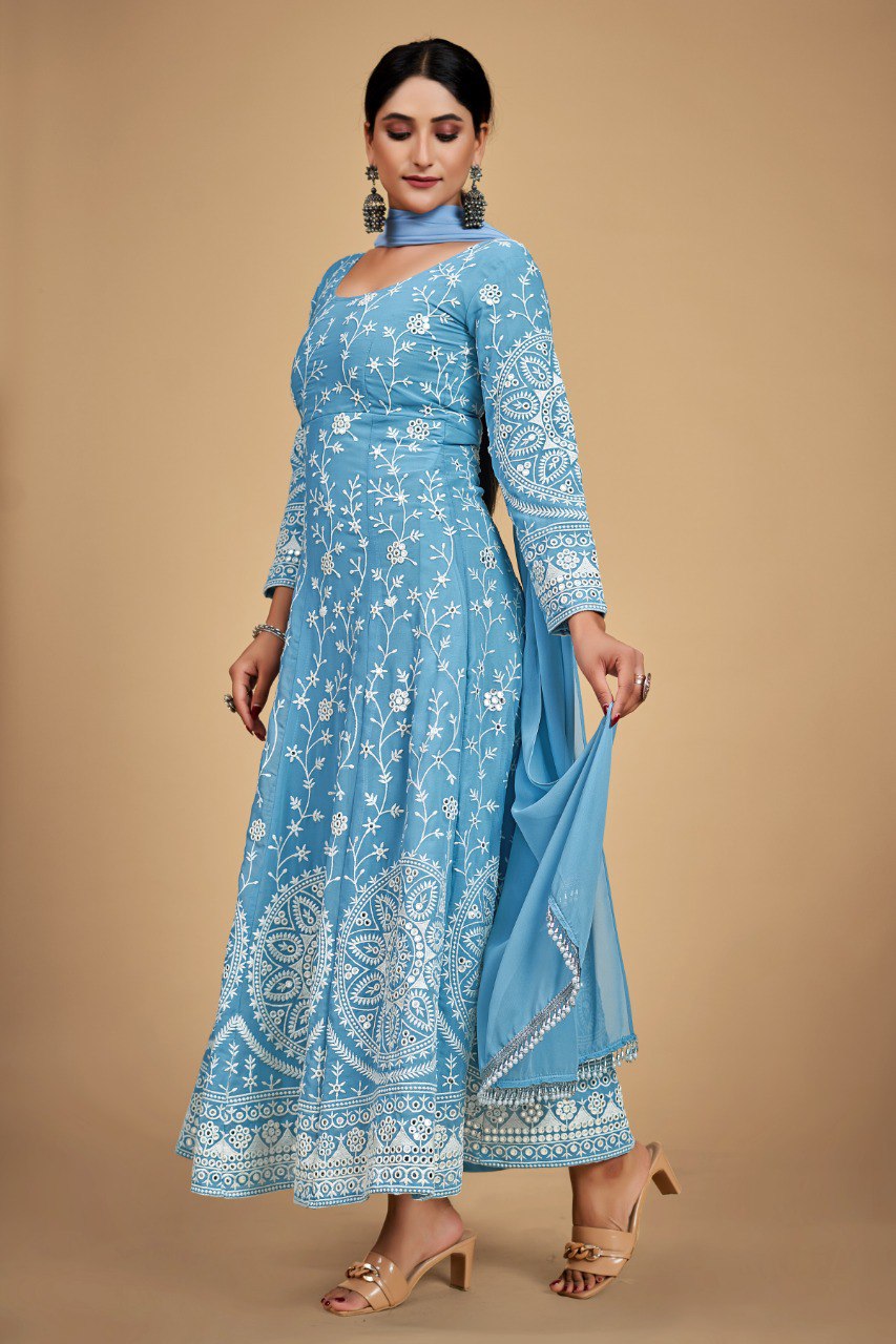 Sky Blue Georgette Dori & Sequins Embroidered Gown Set with Pant & Tassel Dupatta