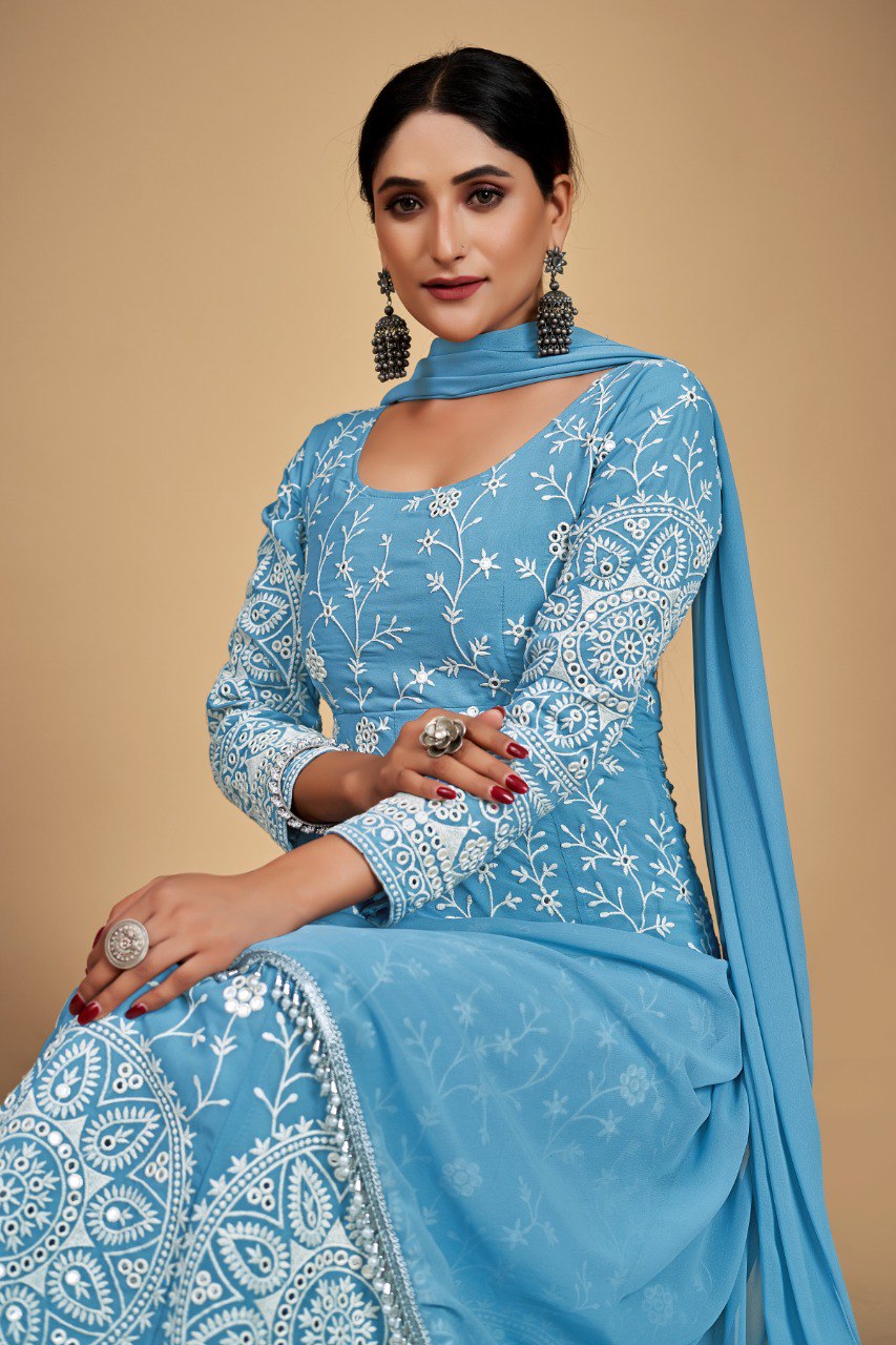 Sky Blue Georgette Dori & Sequins Embroidered Gown Set with Pant & Tassel Dupatta
