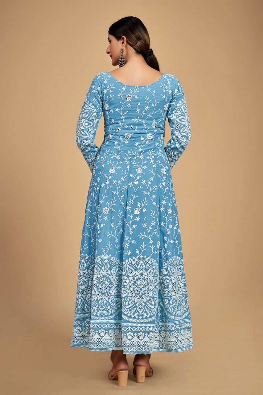 Sky Blue Georgette Dori & Sequins Embroidered Gown Set with Pant & Tassel Dupatta