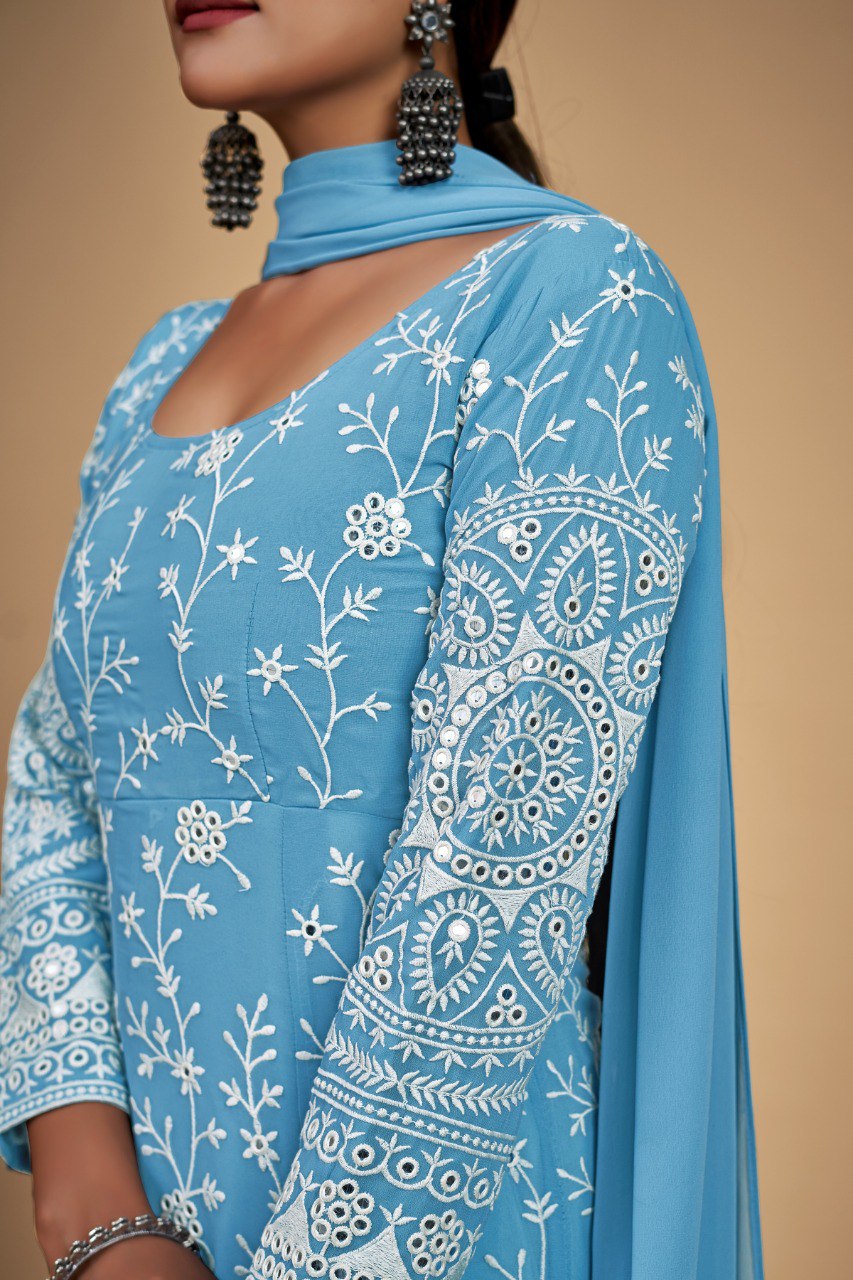 Sky Blue Georgette Dori & Sequins Embroidered Gown Set with Pant & Tassel Dupatta