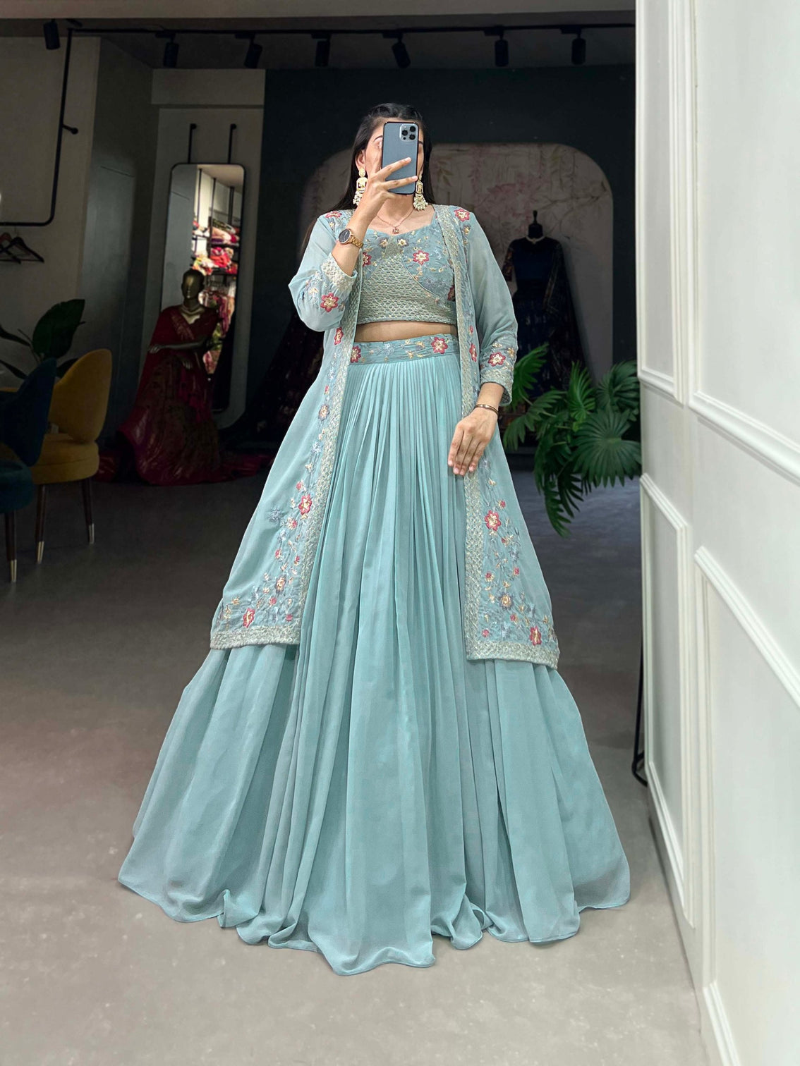 Shimmering Sky Blue Georgette Indo-Western Lehenga Set with Sequinned Choli and Koti