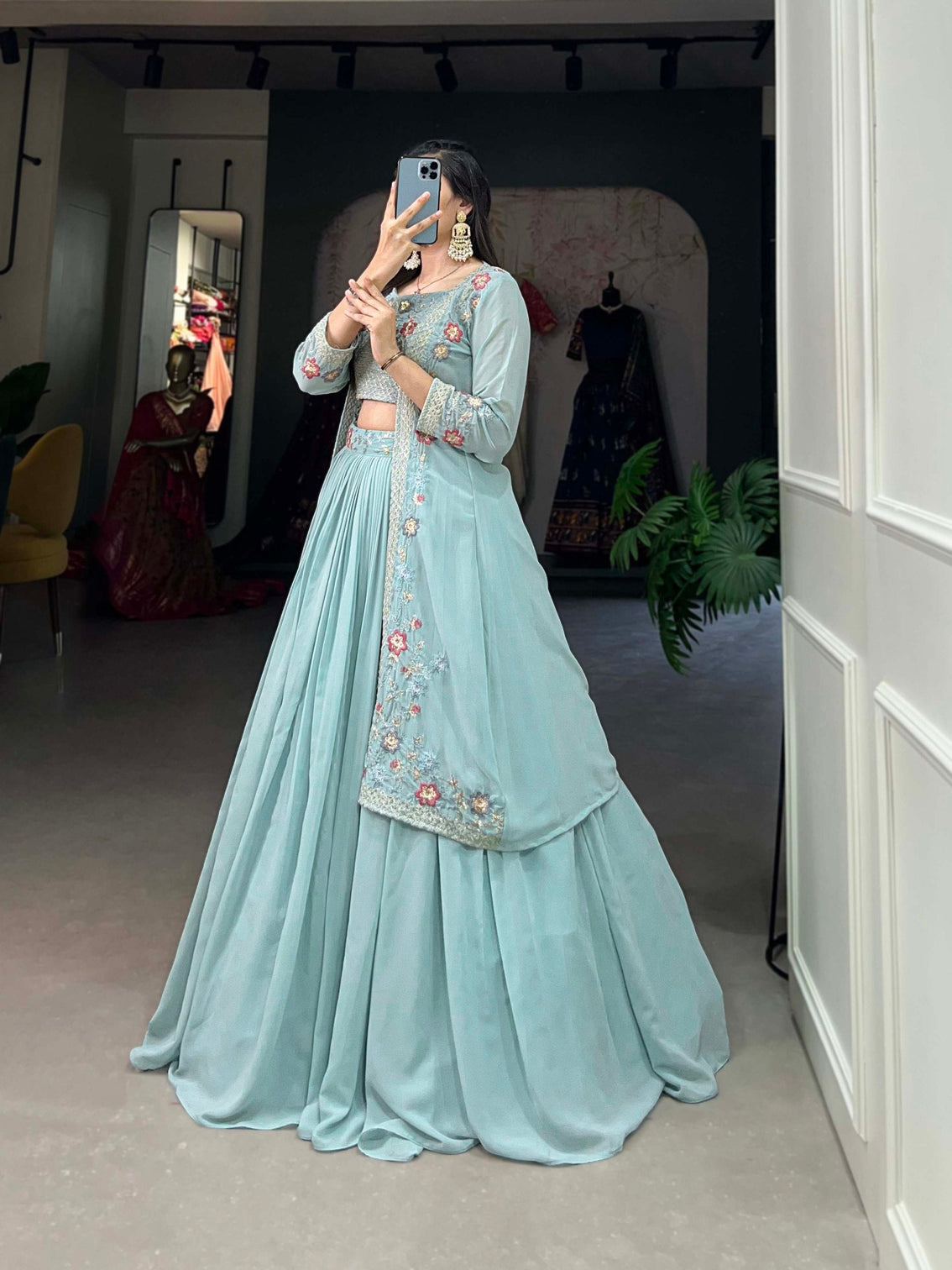 Shimmering Sky Blue Georgette Indo-Western Lehenga Set with Sequinned Choli and Koti