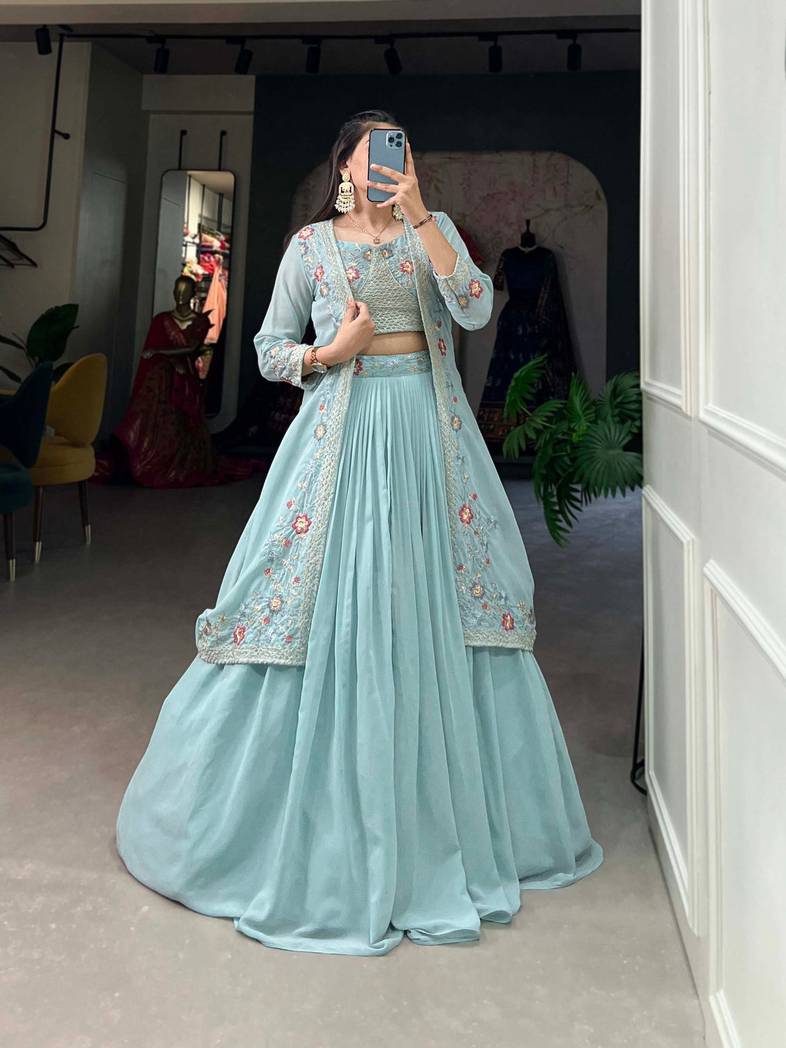 Shimmering Sky Blue Georgette Indo-Western Lehenga Set with Sequinned Choli and Koti
