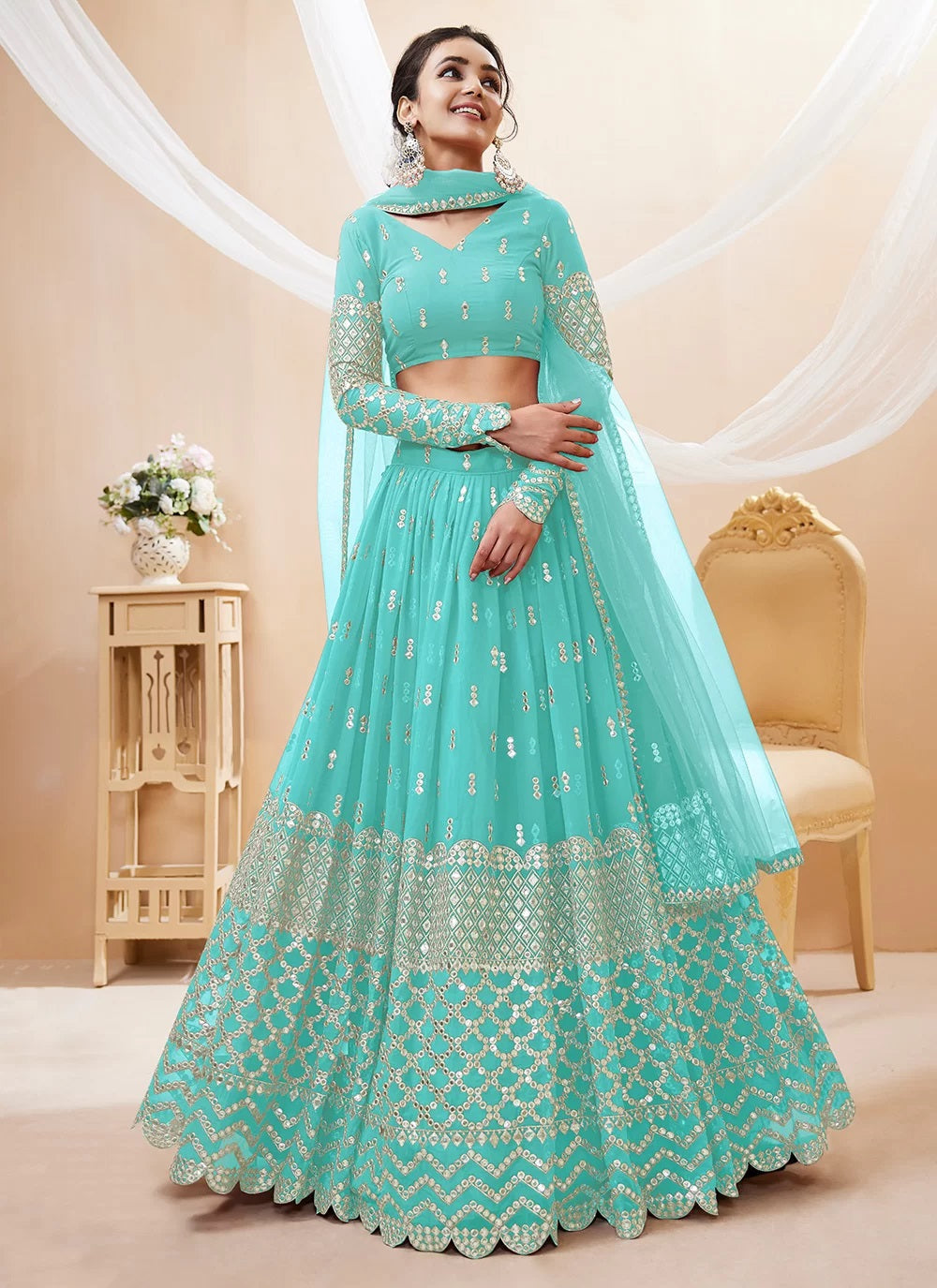 Sky blue georgette sequins zari embroidery wedding lehenga