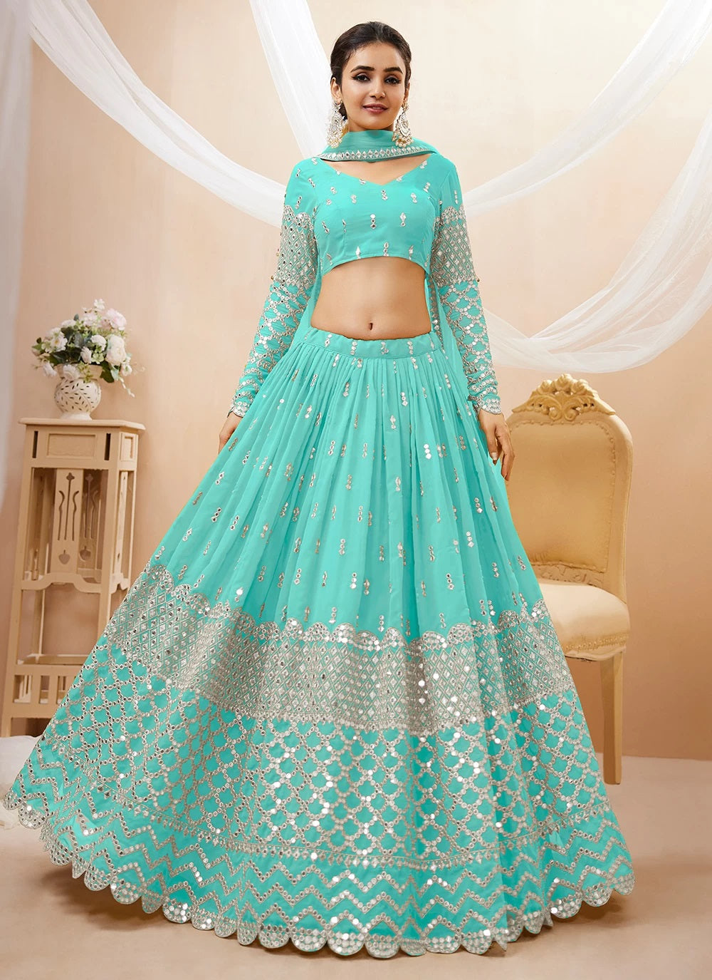 Sky blue georgette sequins zari embroidery wedding lehenga