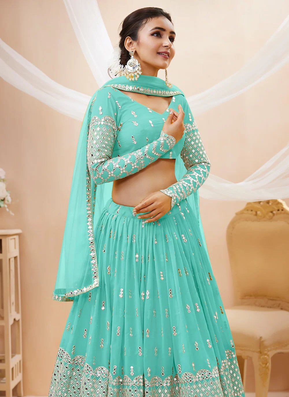 Sky blue georgette sequins zari embroidery wedding lehenga
