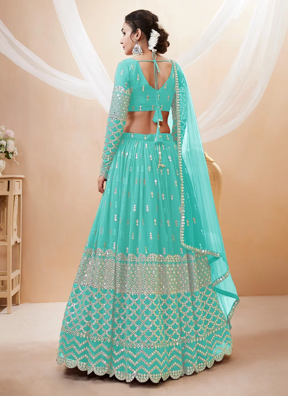 Sky blue georgette sequins zari embroidery wedding lehenga