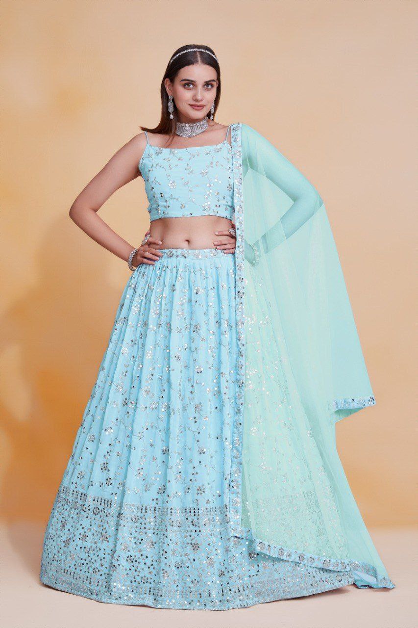 Sky Blue Georgette Zari & Sequin Embroidered Semi-Stitched Lehenga Choli with Soft Net Lace Border Dupatta