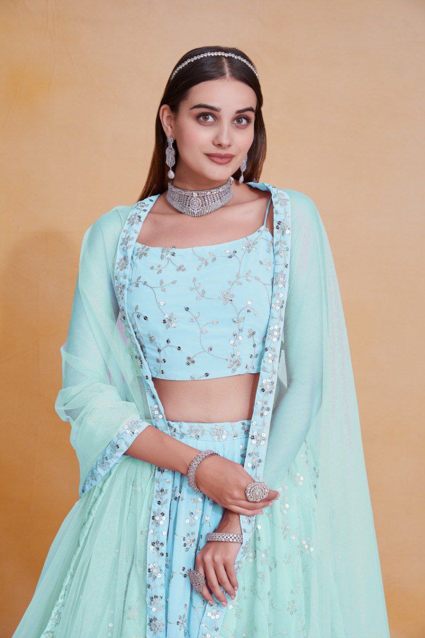 Sky Blue Georgette Zari & Sequin Embroidered Semi-Stitched Lehenga Choli with Soft Net Lace Border Dupatta