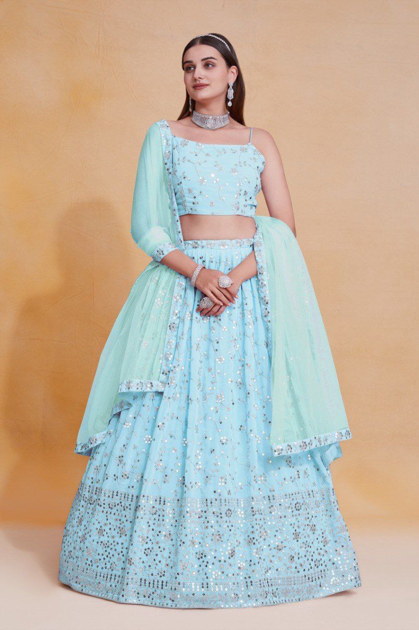 Sky Blue Georgette Zari & Sequin Embroidered Semi-Stitched Lehenga Choli with Soft Net Lace Border Dupatta