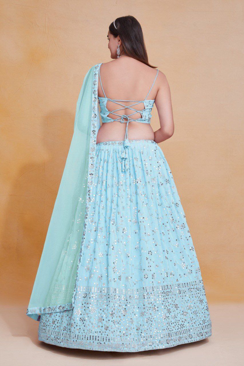 Sky Blue Georgette Zari & Sequin Embroidered Semi-Stitched Lehenga Choli with Soft Net Lace Border Dupatta