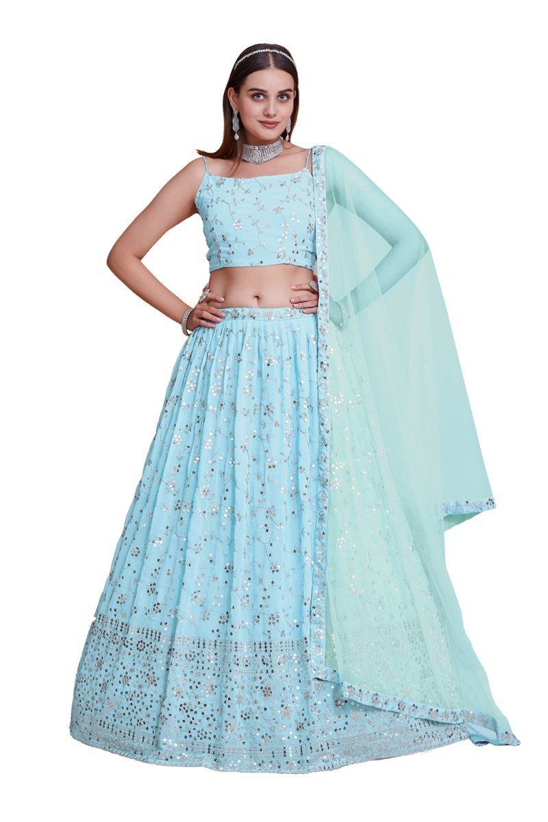 Sky Blue Georgette Zari & Sequin Embroidered Semi-Stitched Lehenga Choli with Soft Net Lace Border Dupatta