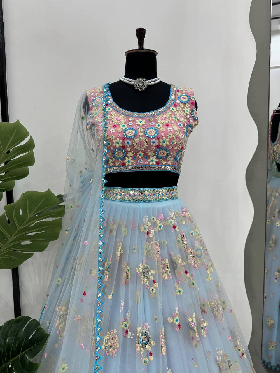 Sky Blue Glamorous Butterfly Net Semi-Stitched Lehenga Choli Set with Sequin & Thread Work