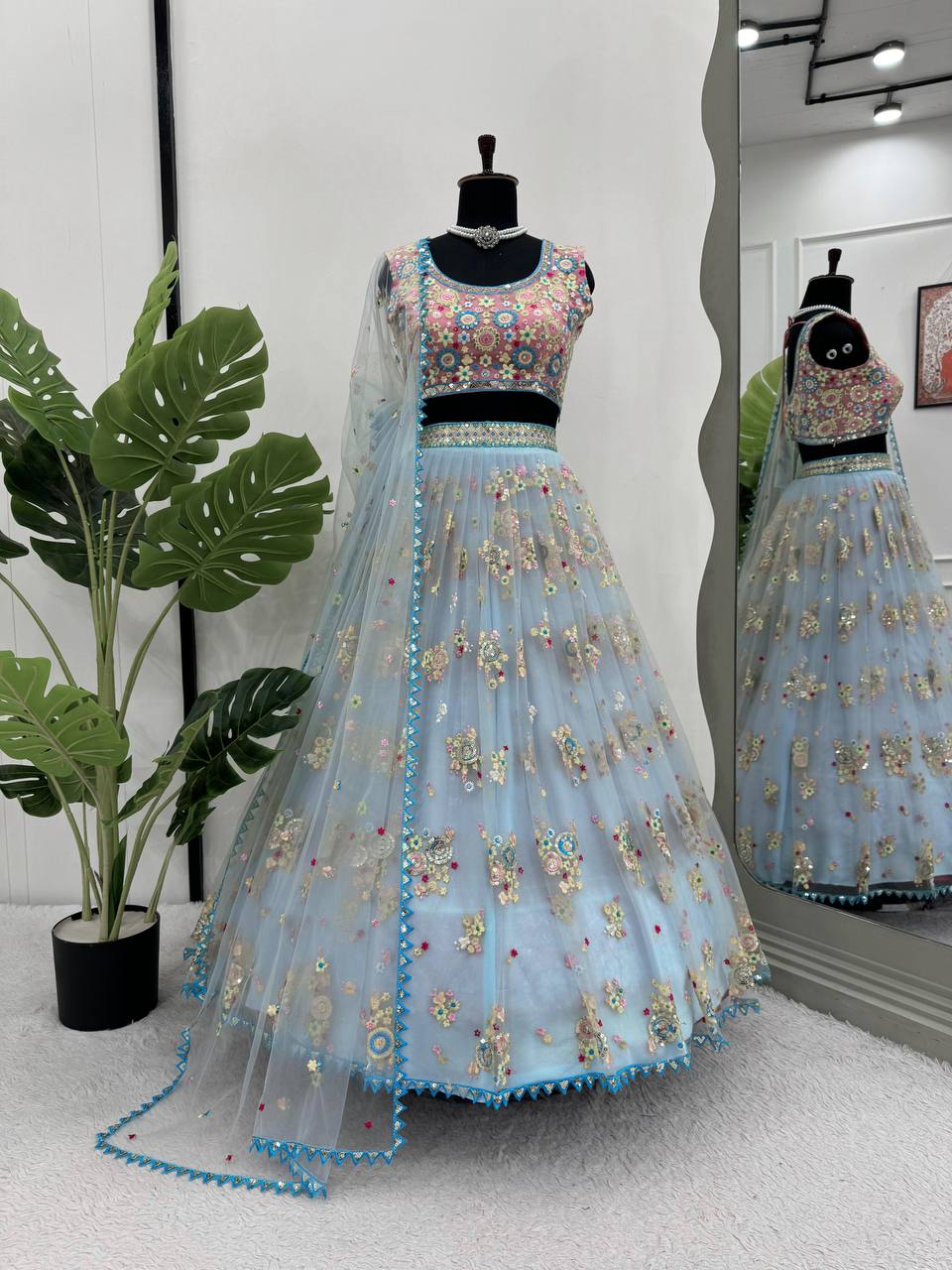 Sky Blue Glamorous Butterfly Net Semi-Stitched Lehenga Choli Set with Sequin & Thread Work