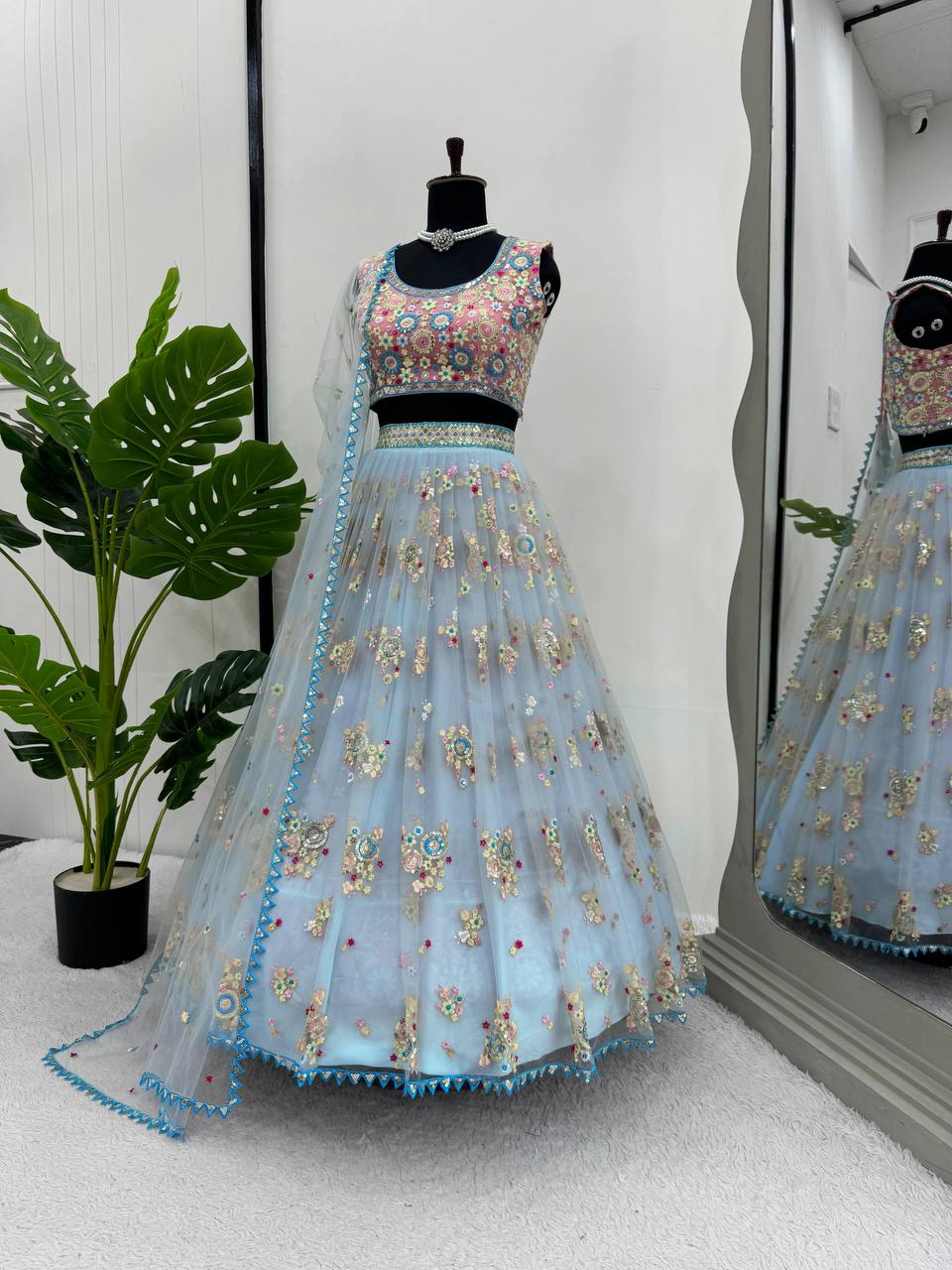 Sky Blue Glamorous Butterfly Net Semi-Stitched Lehenga Choli Set with Sequin & Thread Work