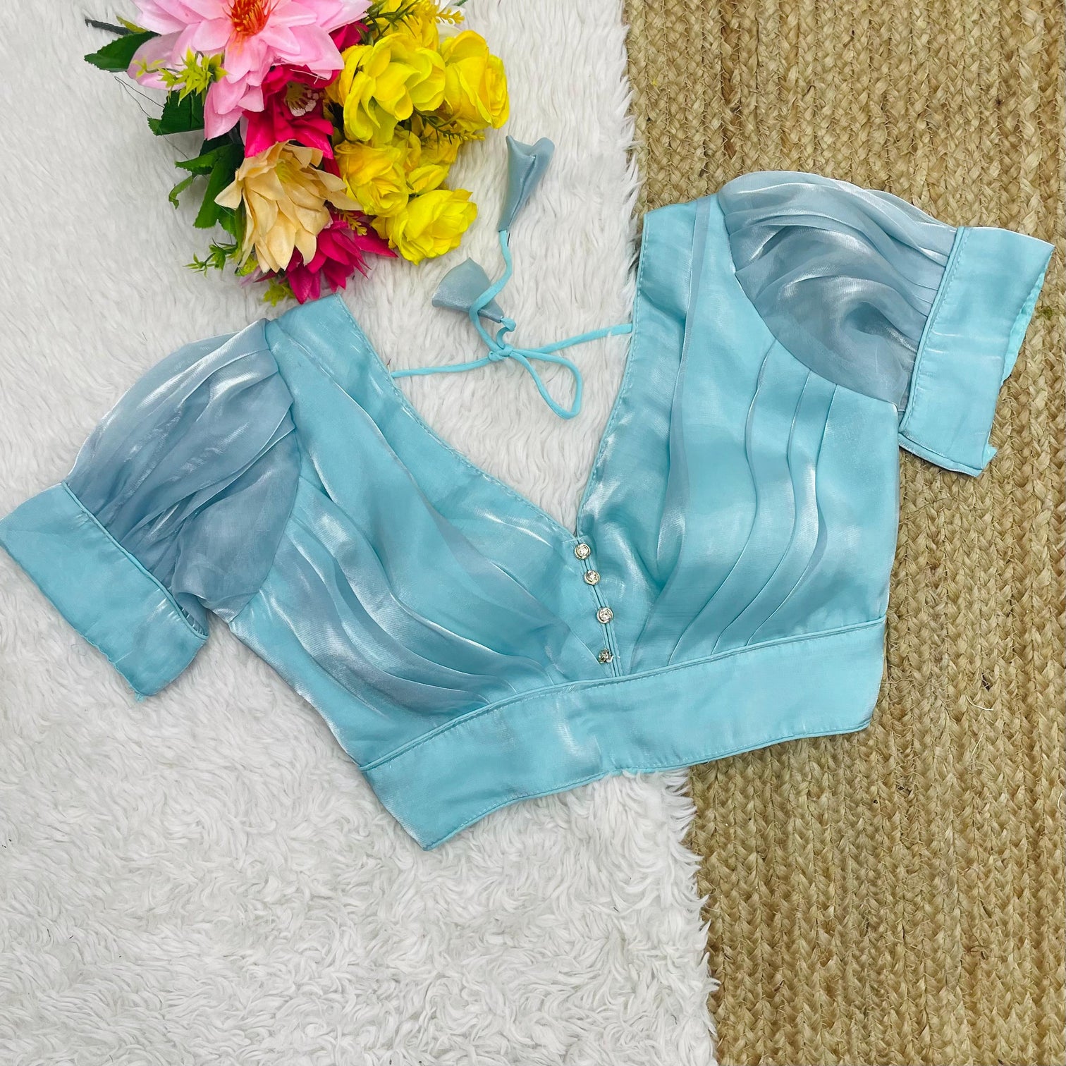Sky Blue Glamorous Ruffled Metallic Blouse