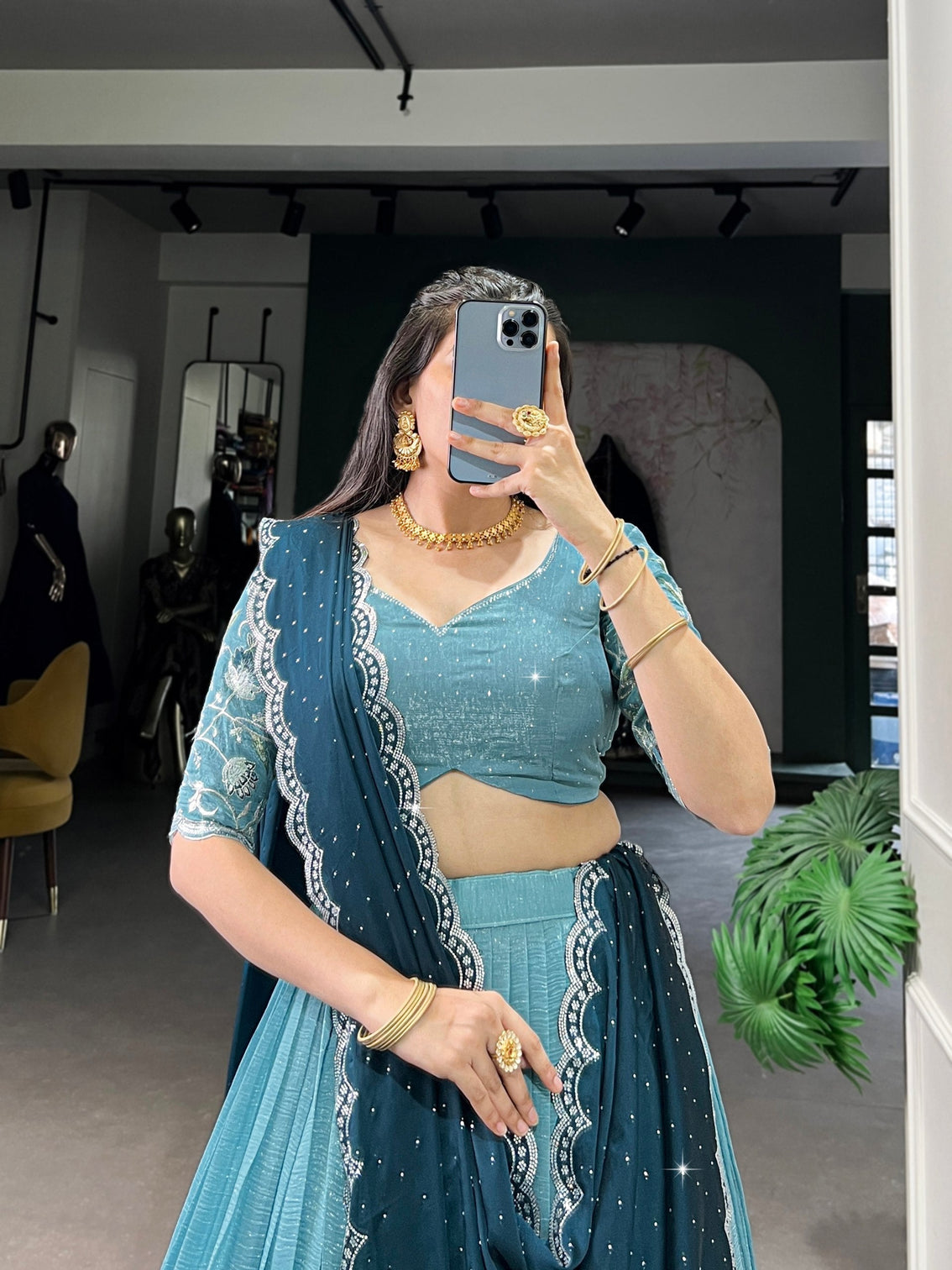 Sky Blue Glamorous Silver Glossy Embroidered Lehenga Set with Hotfix Detailing