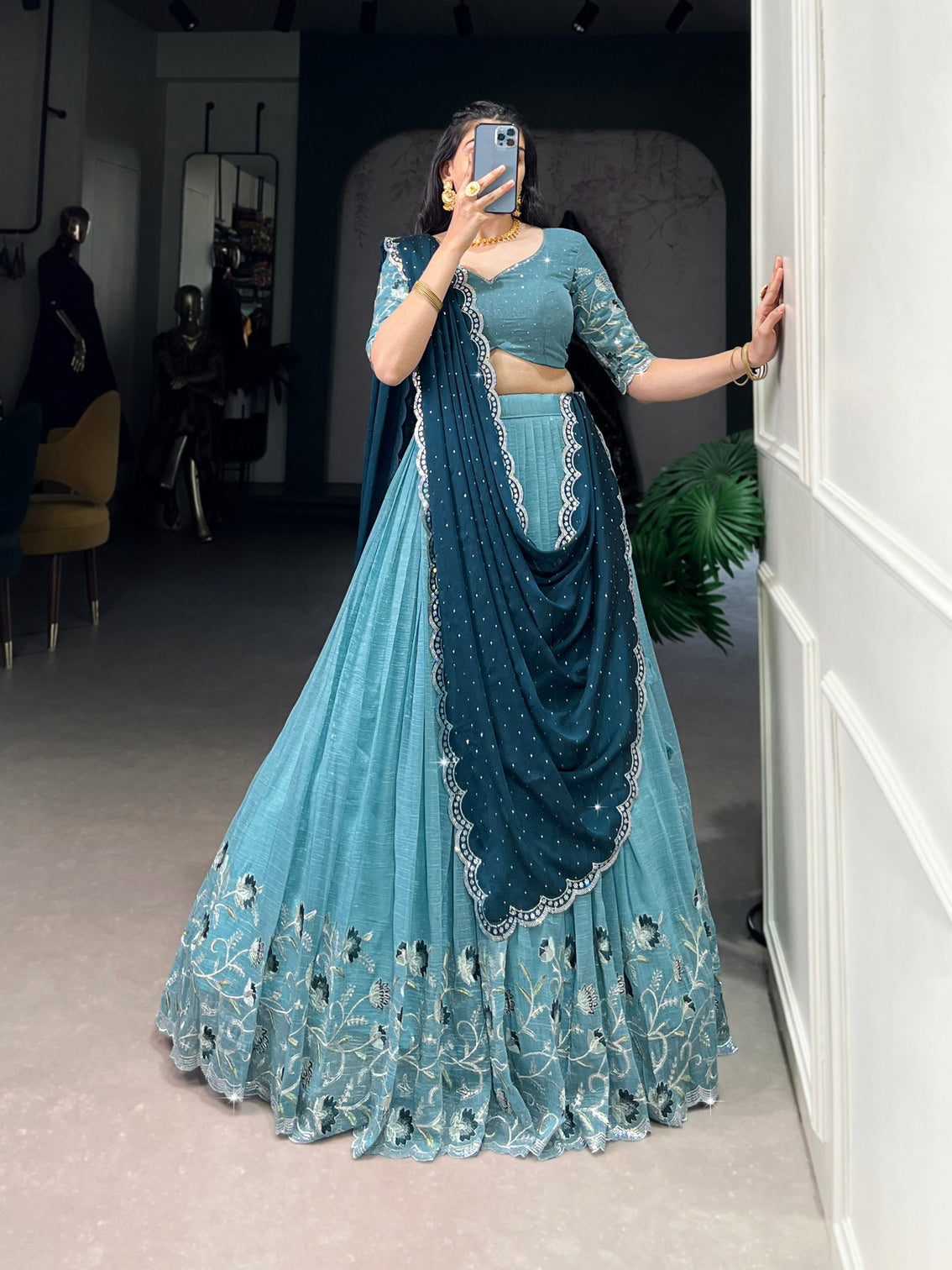 Sky Blue Glamorous Silver Glossy Embroidered Lehenga Set with Hotfix Detailing