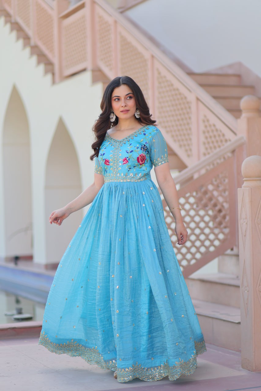 Sky Blue Gold Crush Gown with Multicolor Thread Embroidery & Sequin Zari Work