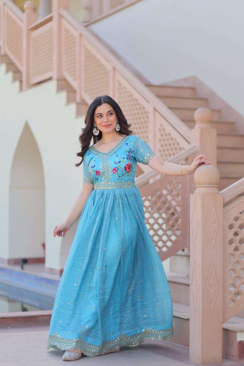 Sky Blue Gold Crush Gown with Multicolor Thread Embroidery & Sequin Zari Work