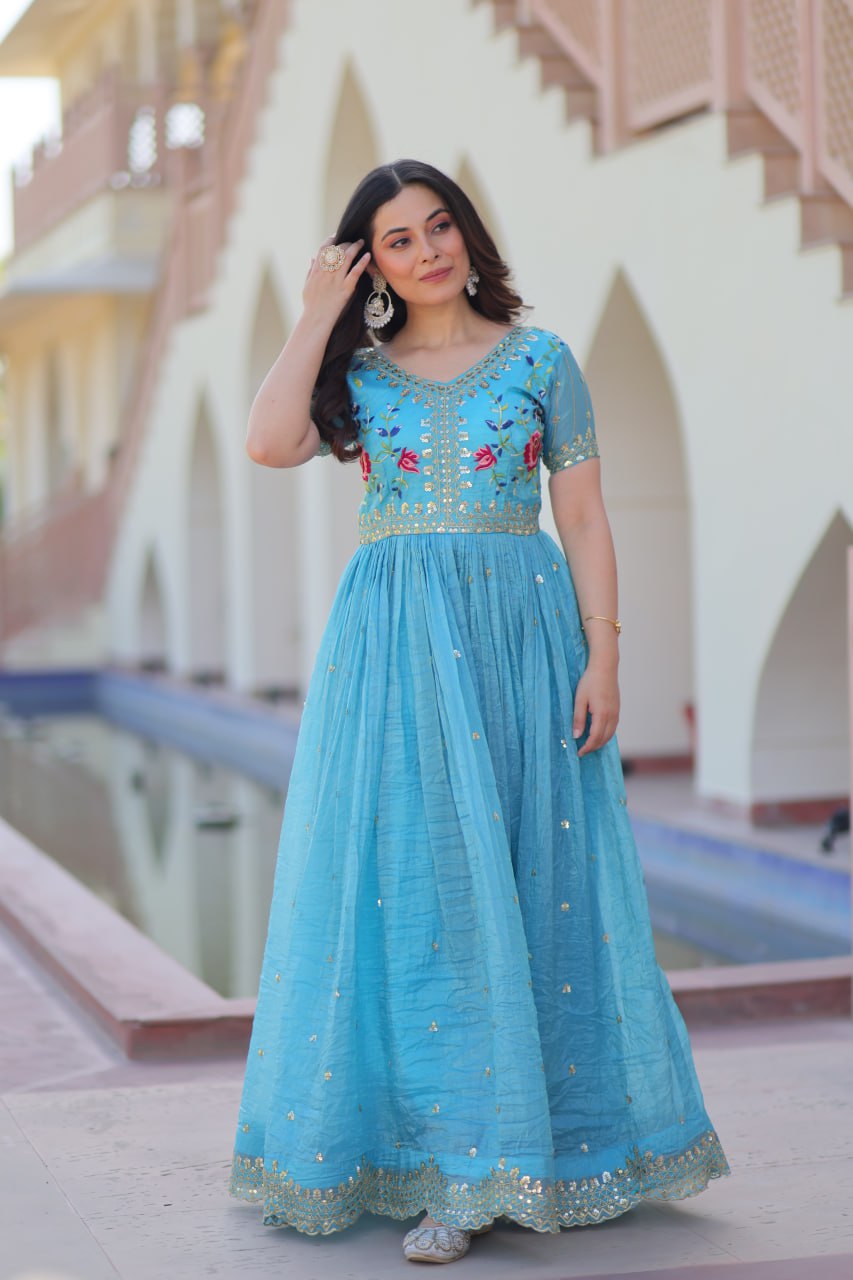 Sky Blue Gold Crush Gown with Multicolor Thread Embroidery & Sequin Zari Work