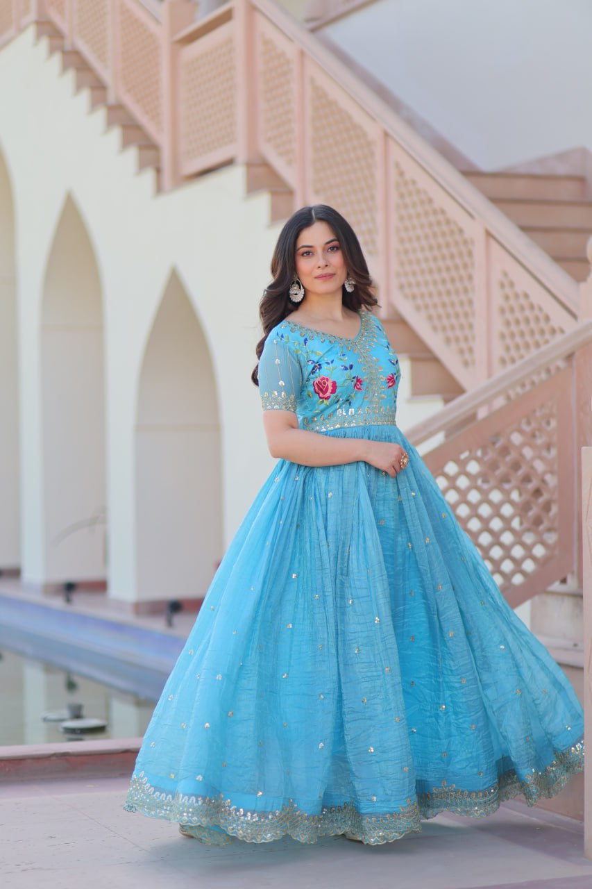 Sky Blue Gold Crush Gown with Multicolor Thread Embroidery & Sequin Zari Work