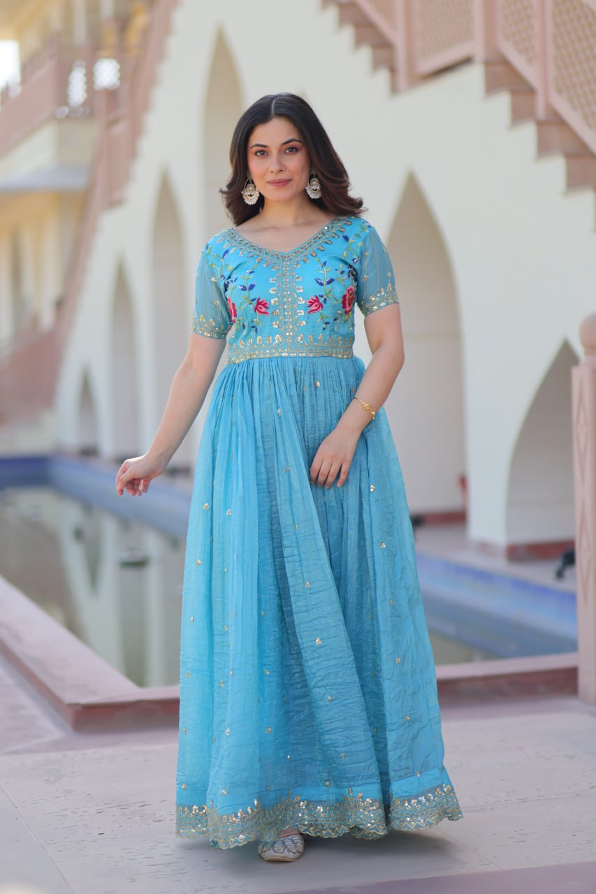 Sky Blue Gold Crush Gown with Multicolor Thread Embroidery & Sequin Zari Work