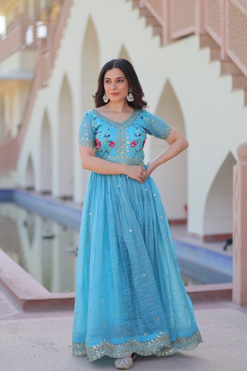 Sky Blue Gold Crush Gown with Multicolor Thread Embroidery & Sequin Zari Work
