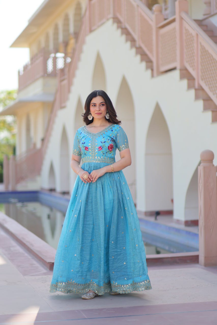 Sky Blue Gold Crush Gown with Multicolor Thread Embroidery & Sequin Zari Work