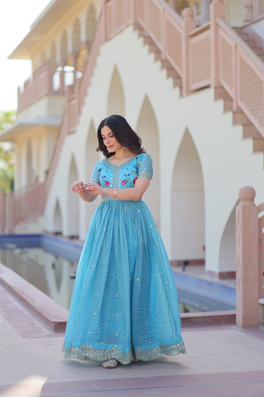 Sky Blue Gold Crush Gown with Multicolor Thread Embroidery & Sequin Zari Work