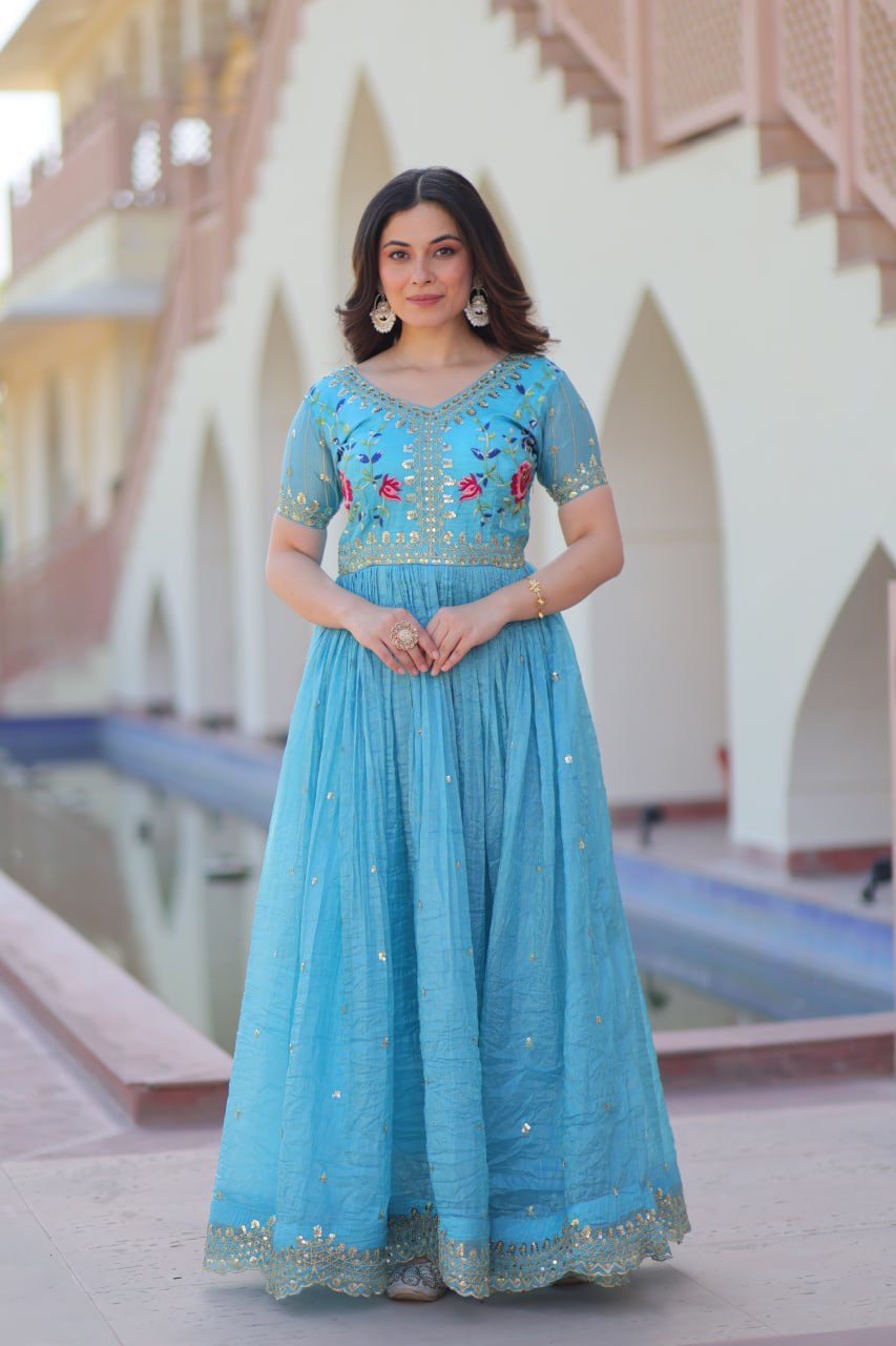 Sky Blue Gold Crush Gown with Multicolor Thread Embroidery & Sequin Zari Work