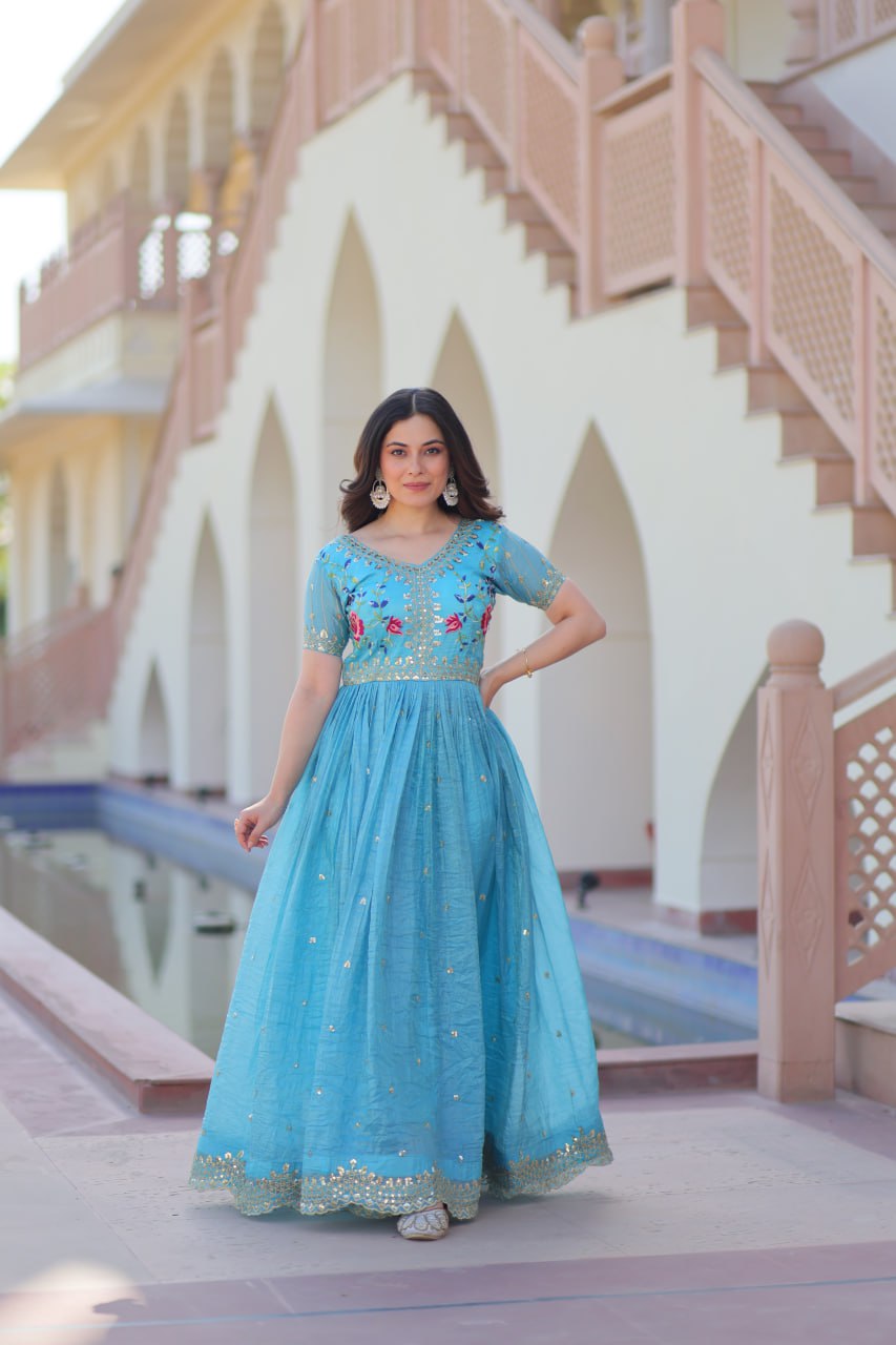 Sky Blue Gold Crush Gown with Multicolor Thread Embroidery & Sequin Zari Work