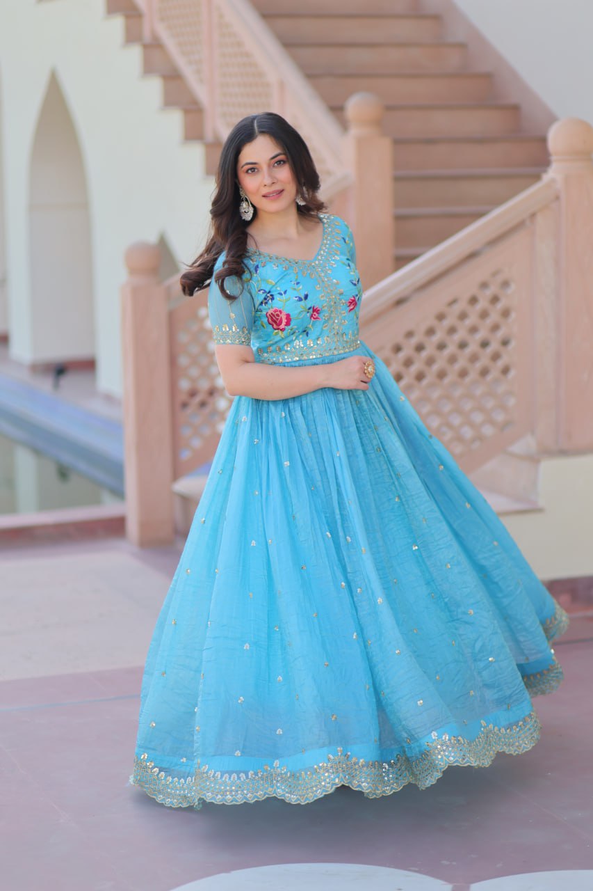 Sky Blue Gold Crush Gown with Multicolor Thread Embroidery & Sequin Zari Work