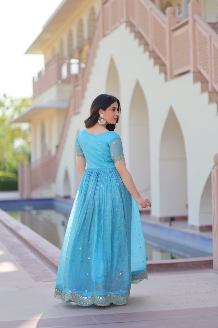 Sky Blue Gold Crush Gown with Multicolor Thread Embroidery & Sequin Zari Work