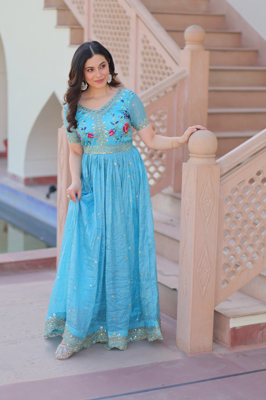 Sky Blue Gold Crush Gown with Multicolor Thread Embroidery & Sequin Zari Work