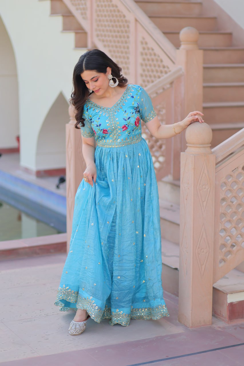 Sky Blue Gold Crush Gown with Multicolor Thread Embroidery & Sequin Zari Work