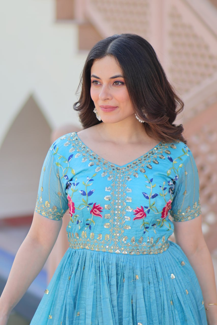 Sky Blue Gold Crush Gown with Multicolor Thread Embroidery & Sequin Zari Work