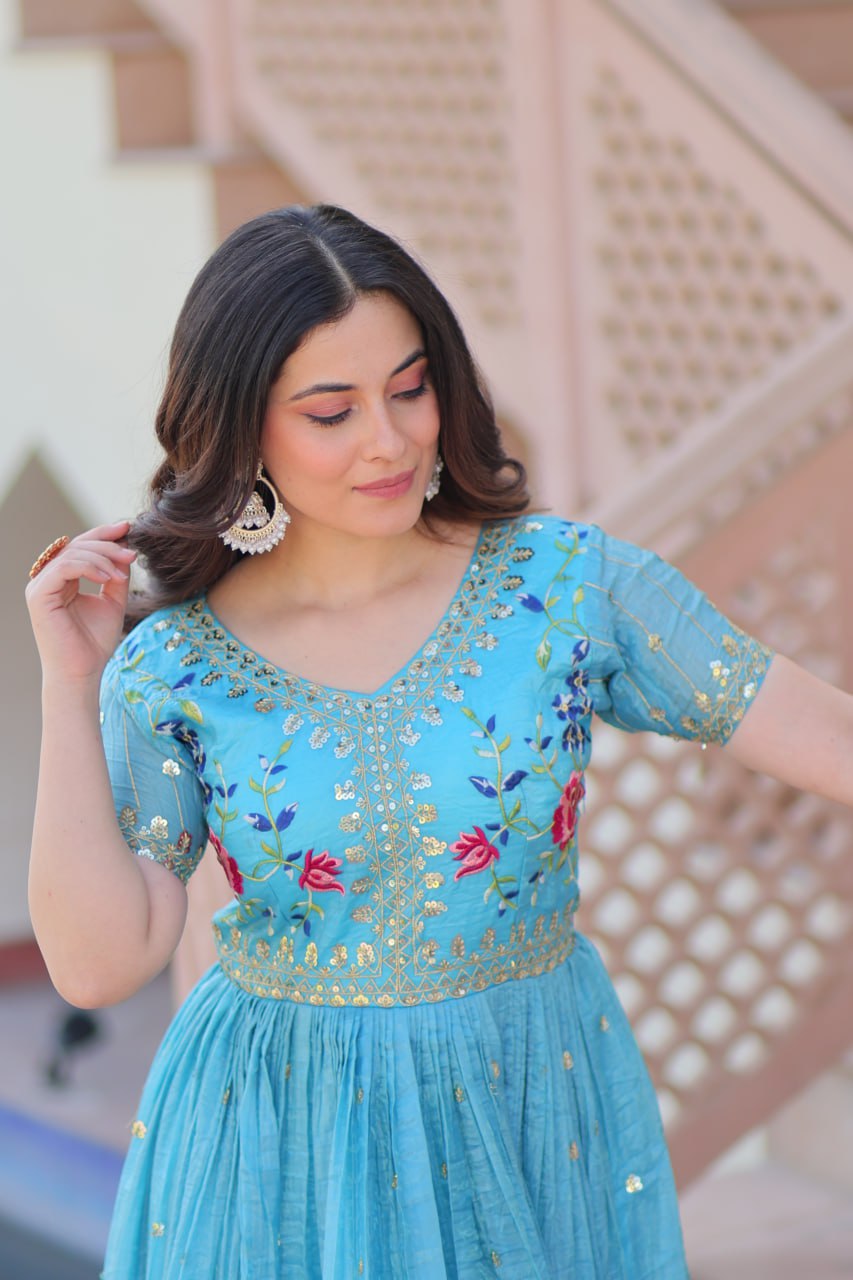 Sky Blue Gold Crush Gown with Multicolor Thread Embroidery & Sequin Zari Work