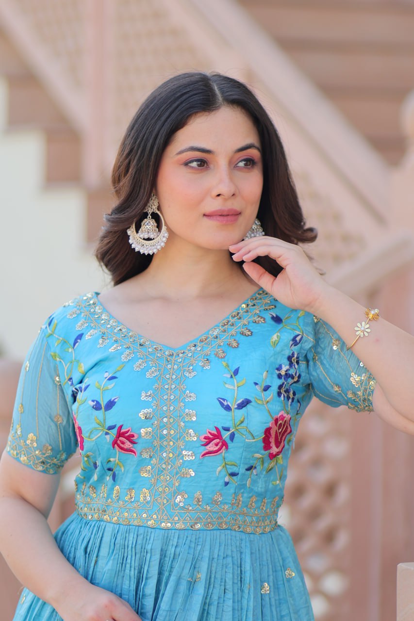 Sky Blue Gold Crush Gown with Multicolor Thread Embroidery & Sequin Zari Work