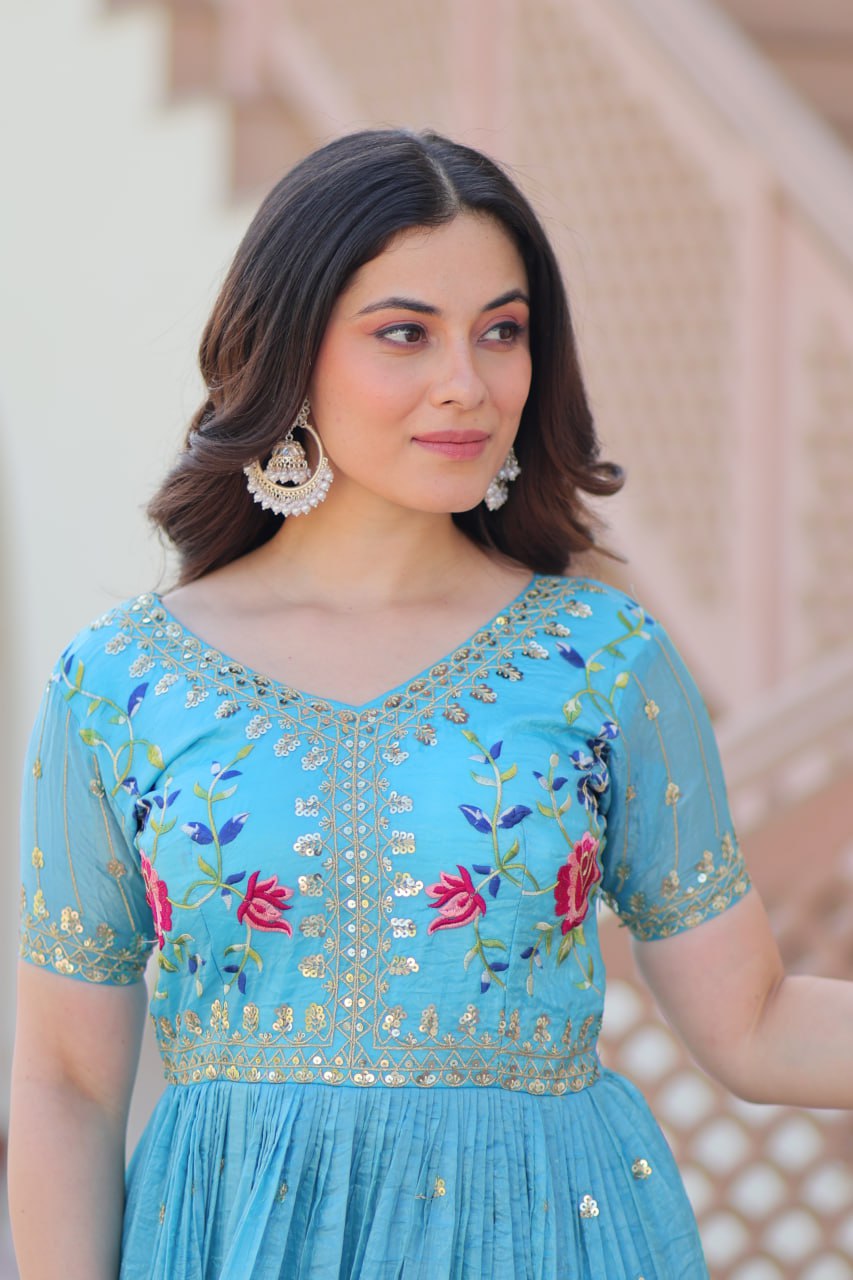 Sky Blue Gold Crush Gown with Multicolor Thread Embroidery & Sequin Zari Work