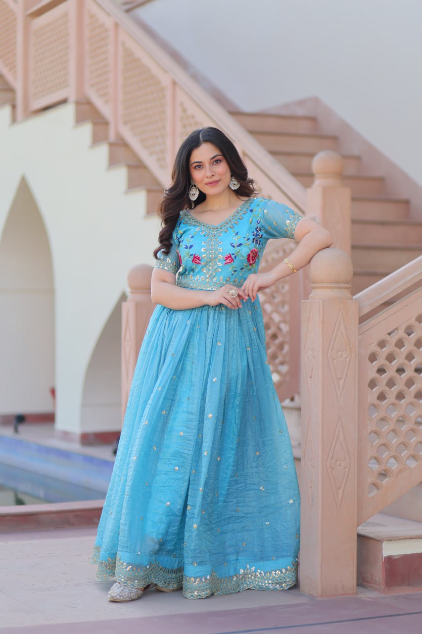 Sky Blue Gold Crush Gown with Multicolor Thread Embroidery & Sequin Zari Work