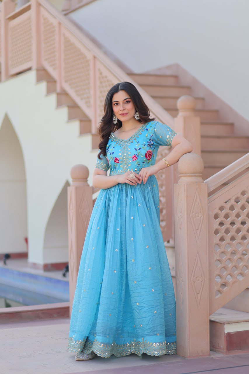 Sky Blue Gold Crush Gown with Multicolor Thread Embroidery & Sequin Zari Work