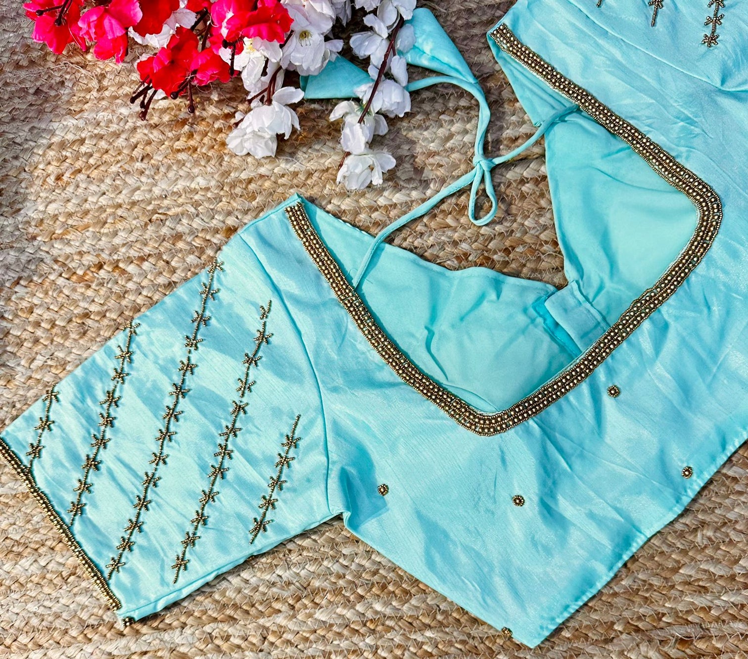 Sky Blue Golden Burberry Silk Blouse with Intricate Handwork